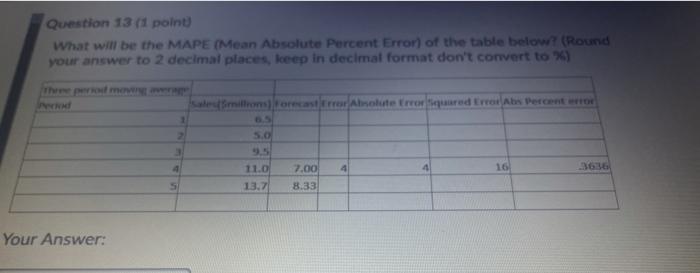  Question 13 (1 point What will be the MAPE (Mean Absolute