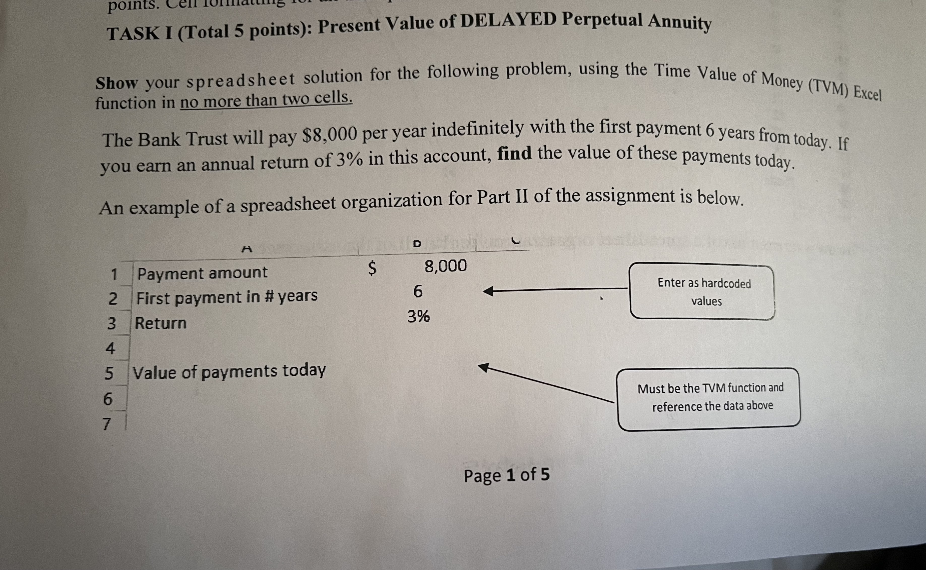  TASK I (Total 5 points): Present Value of DELAYED Perpetual Annuity