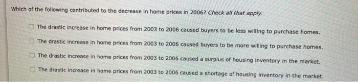  Which of the following contributed to the decrease in home prices