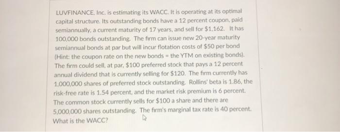  LUVFINANCE, Inc. is estimating its WACC. It is operating at its