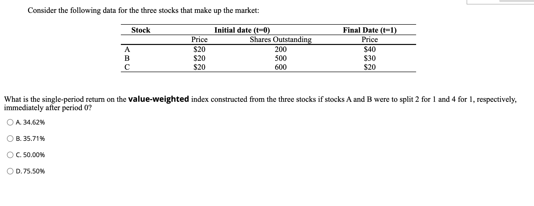  Consider the following data for the three stocks that make up
