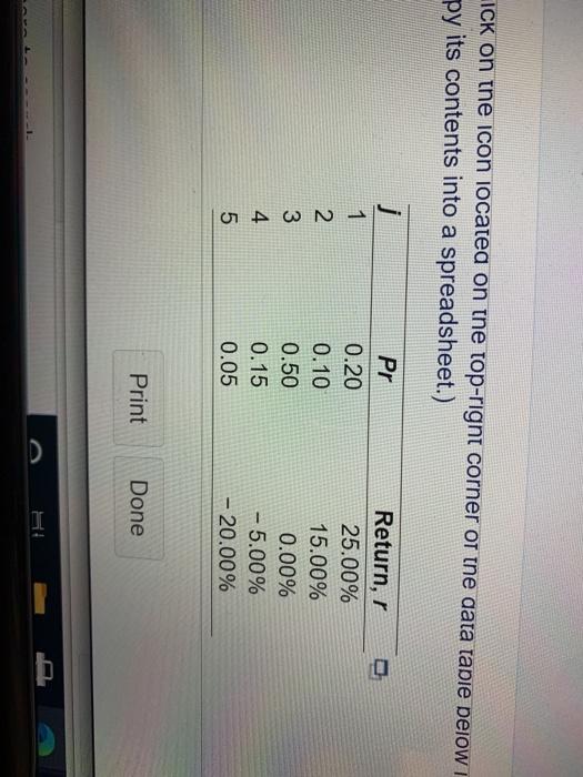 expected returns for this asset is shown in the following table, a.