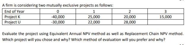 A firm is considering two mutually exclusive projects as follows: End