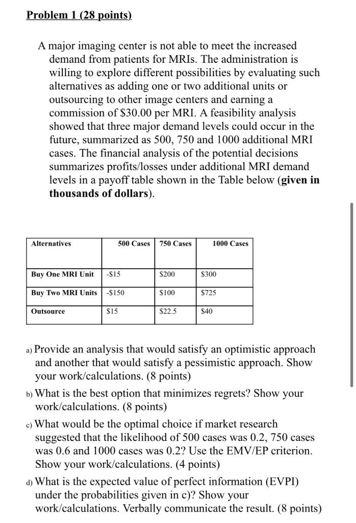  Problem 1 (28 points) A major imaging center is not able
