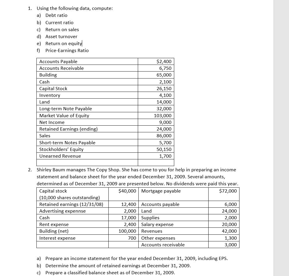  1. Using the following data, compute: a) Debt ratio b) Current