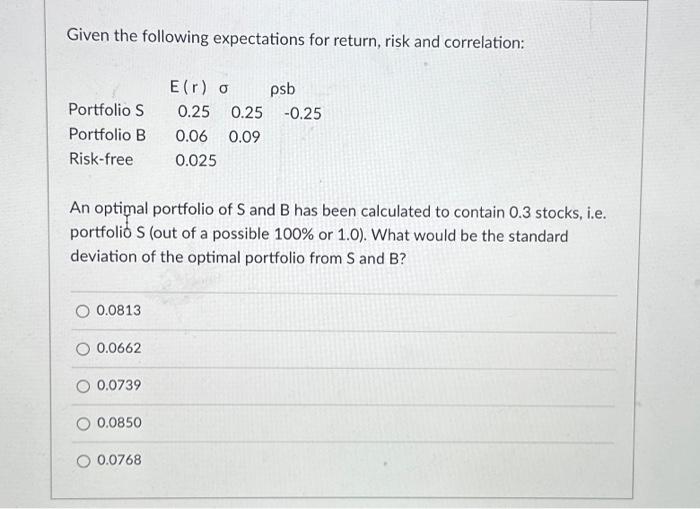  Given the following expectations for return, risk and correlation: An optimal