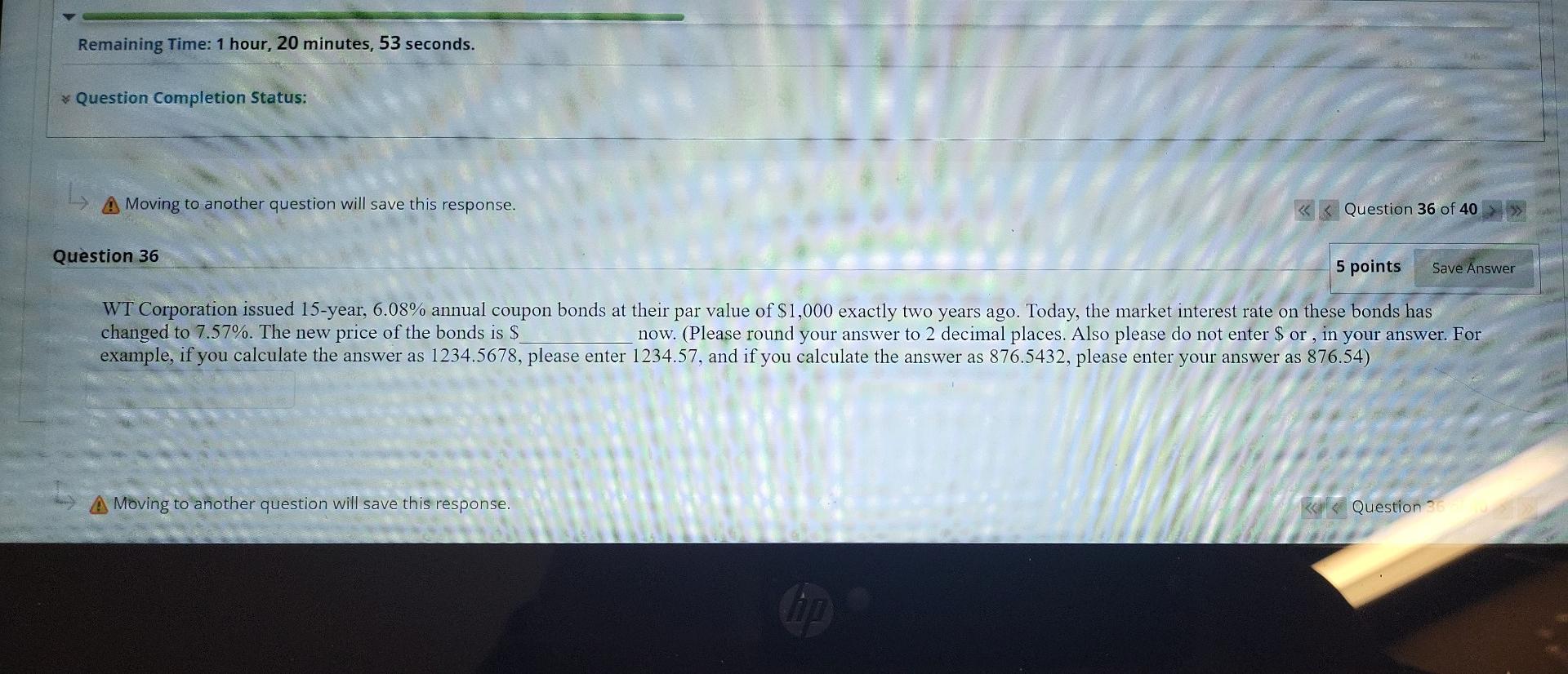 Remaining Time: 1 hour, 20 minutes, 53 seconds. Question Completion Status: