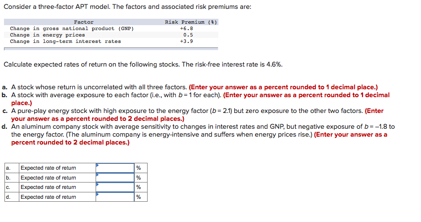  Consider a three-factor APT model. The factors and associated risk premiums
