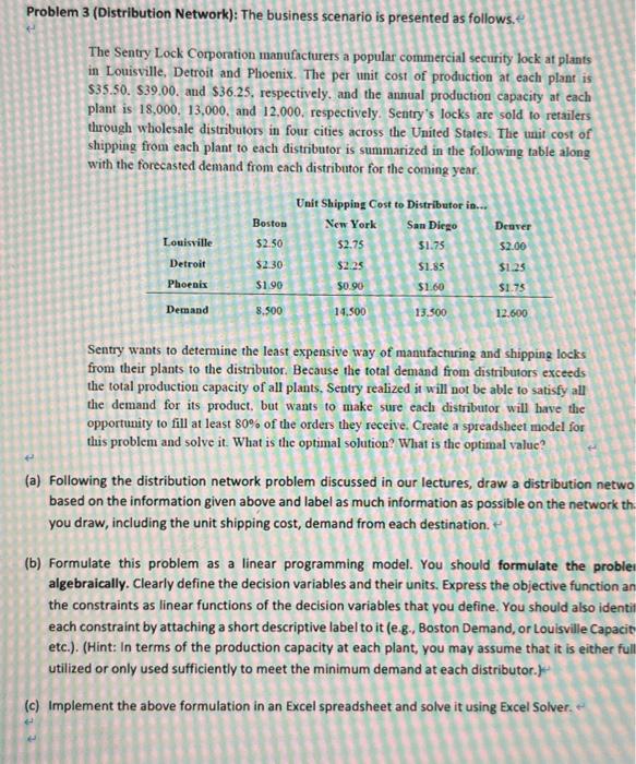  Problem 3 (Distribution Network): The business scenario is presented as follows.