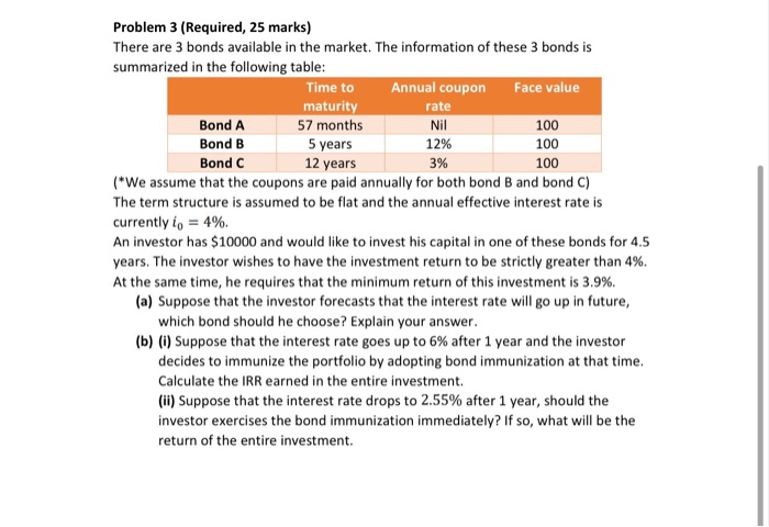  Problem 3 (Required, 25 marks) There are 3 bonds available in