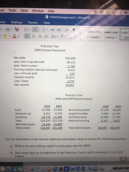  nat Tools Table Window Help a FIN322Assignment Winterto ces Mailings Review