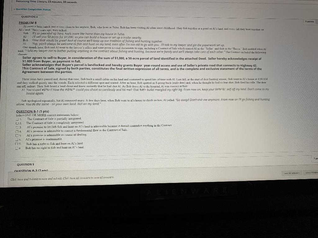  Remaining Time: 2 hours, 23 minutes, 33 seconds. Question Completion Status: