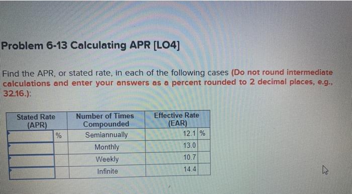  Problem 6-13 Calculating APR [LO4] Find the APR, or stated rate,