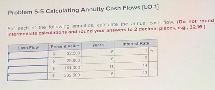  Problem 5-5 Calculating Annuity Cash Flows [LO 1] For each of