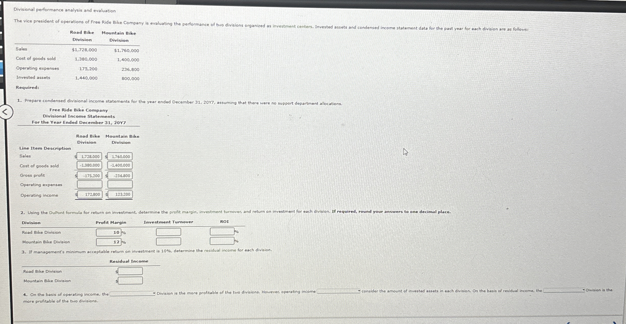  Divisional performance analysis and evaluation \table[[,\table[[Road Bike],[Division]],\table[[Mountain Bike],[Division]]],[Sales,$1,728,000,$1,760,000 