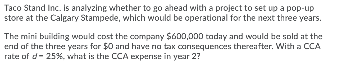  Taco Stand Inc. is analyzing whether to go ahead with a