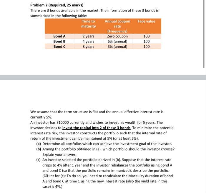  Problem 2 (Required, 25 marks) There are 3 bonds available in