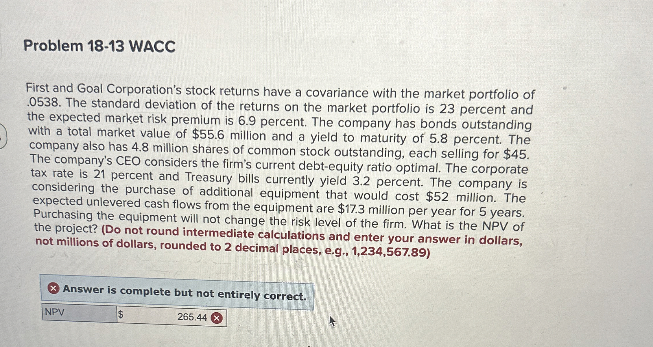  Problem 18-13 WACC First and Goal Corporation's stock returns have a