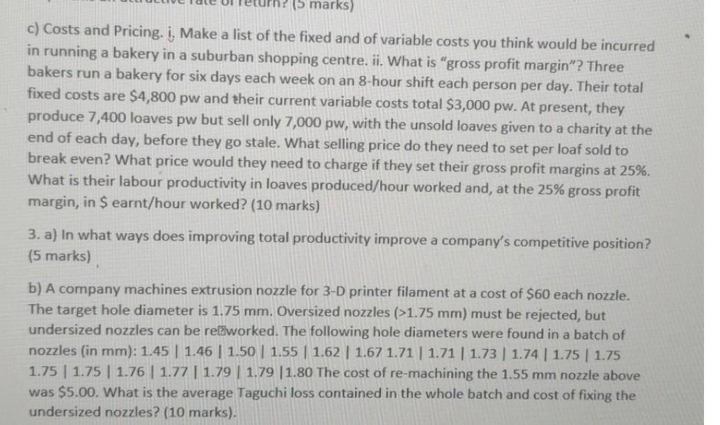  (5 marks) c) Costs and Pricing. i. Make a list of