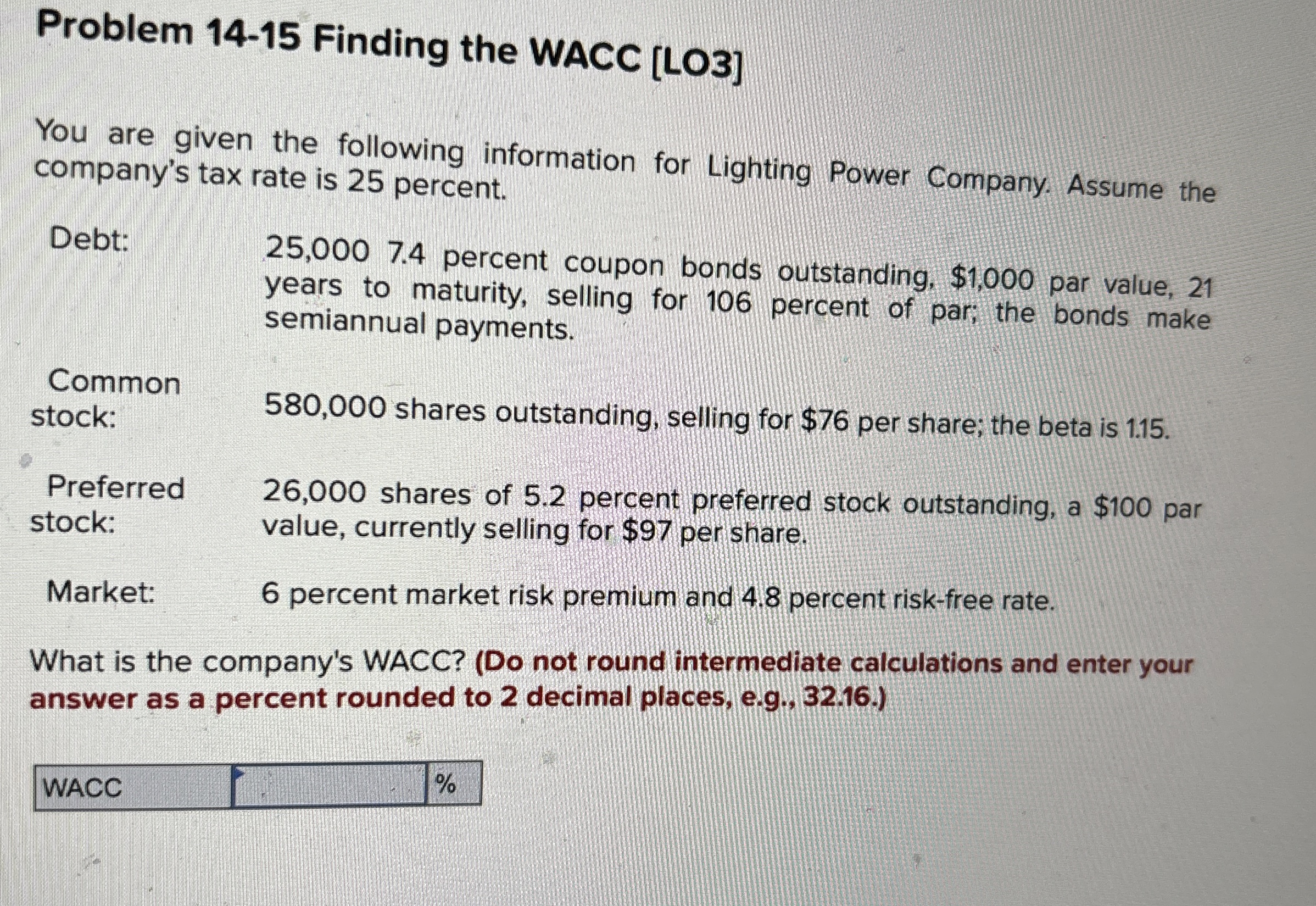  Problem 14-15 Finding the WACC [LO3] You are given the following