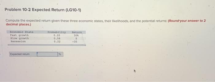  Problem 10-2 Expected Return (LG10-1) Compute the expected return given these
