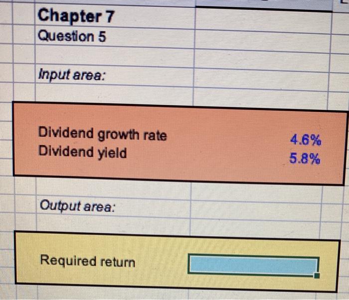  Chapter 7 Question 5 Input area: Dividend growth rate Dividend yield