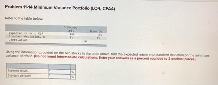  Problem 11-14 Minimum Variance Portfolio (LO4, CFA4) Refer to the table