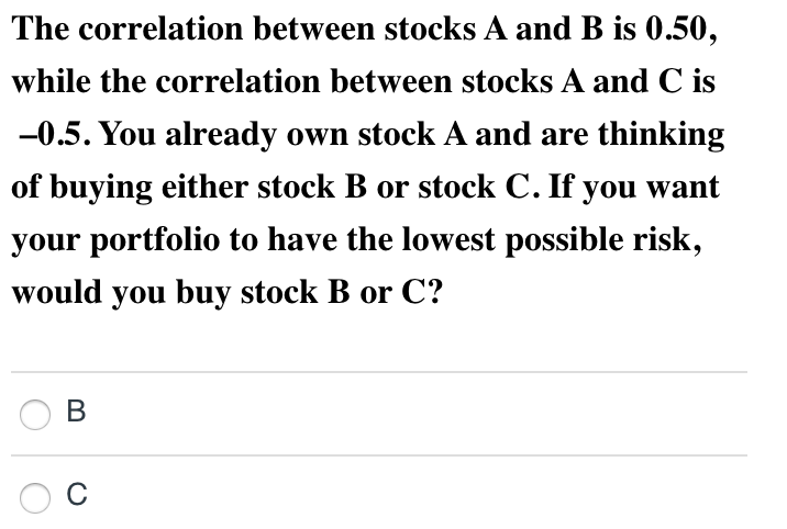 The correlation between stocks A and B is 0.50, while the