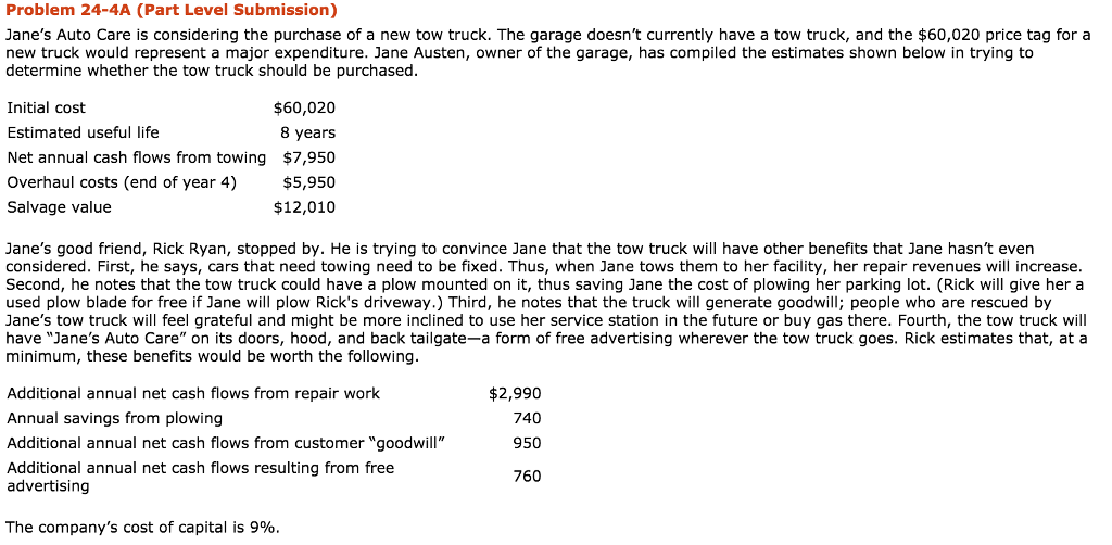 Problem 24-4A (Part Level Submission) Jane's Auto Care is considering the