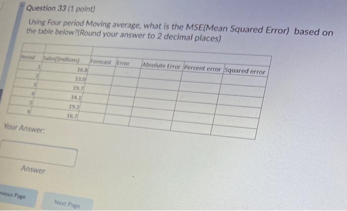  Question 33 (1 point) Using Four period Moving average, what is
