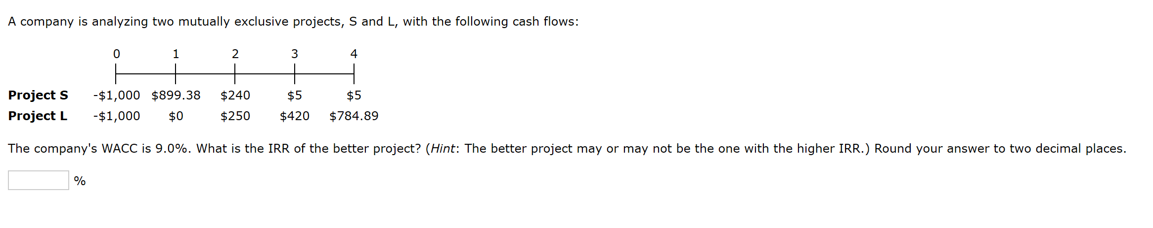  A company is analyzing two mutually exclusive projects, S and L,