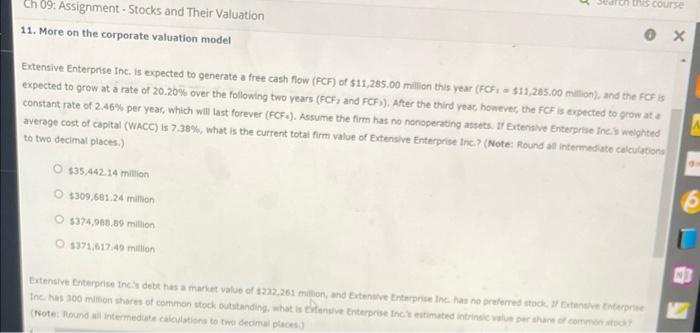  3 Ch 09: Assignment - Stocks and Their Valuation 11. More