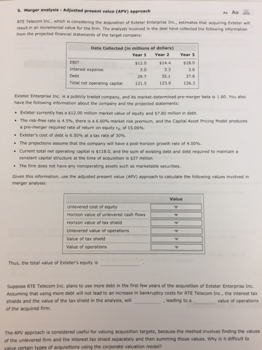  s. Merger analysis - Adjusted present value (APV) approach Aa Aa