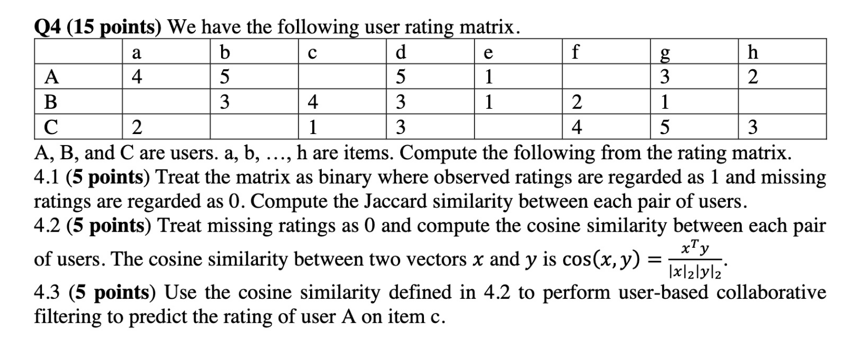 a e Q4 (15 points) We have the following user rating