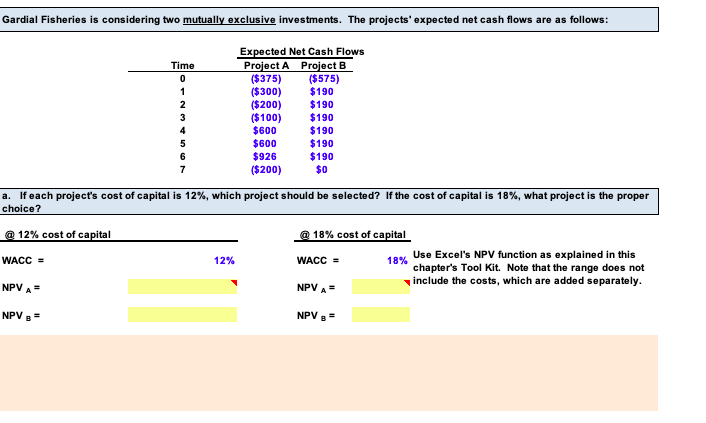  please post excel formula: Fisheries is considering two mutually exclusive investments.