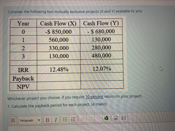  Consider the following two mutually exclusive projects (X and Y) available
