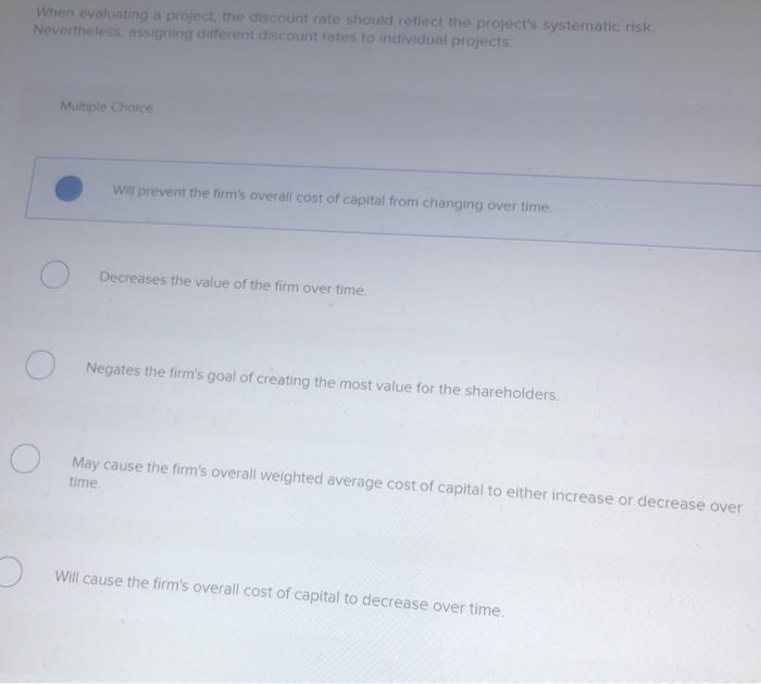  When evaluating a project the discount rate should reflect the project's