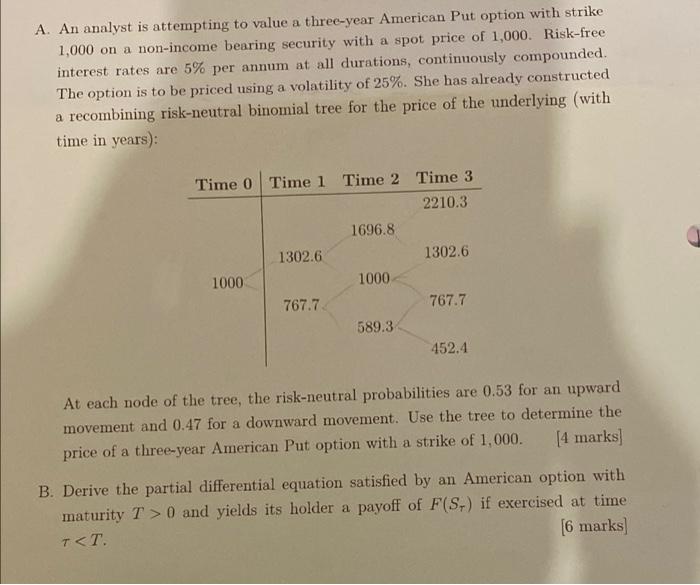  A. An analyst is attempting to value a three-year American Put