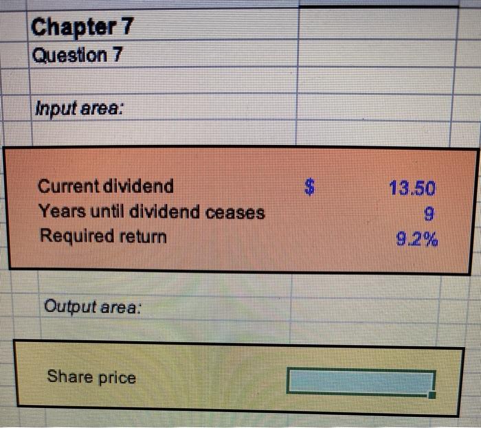  Chapter 7 Question 7 Input area: Current dividend Years until dividend