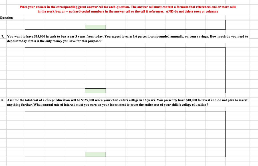 Place your answer in the corresponding green answer cell for each