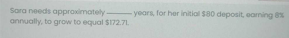  Sara needs approximately years, for her initial $80 deposit, earning 8%