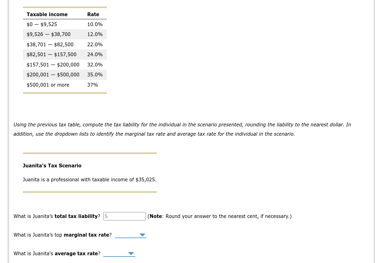 Using the previous tax table, compute the tax liability for the