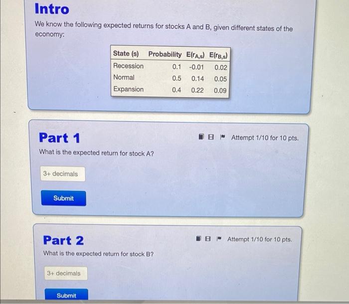  Intro We know the following expected returns for stocks A and