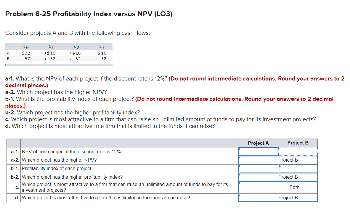 Problem 8-25 Profitability Index versus NPV (LO3) Consider projects A and