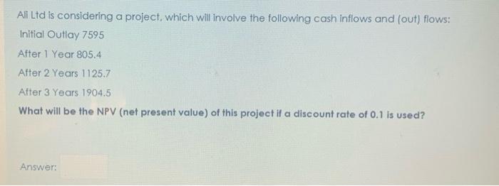  All Ltd is considering a project, which will involve the following