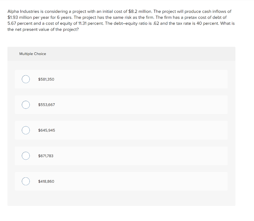 Alpha Industries is considering a project with an initial cost of