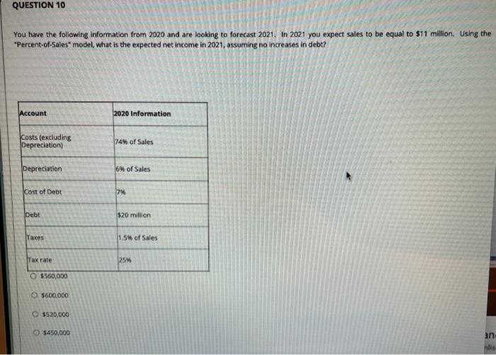 FINANCE HELP PLEASE ANSWER QUESTION 10 You have the following information from