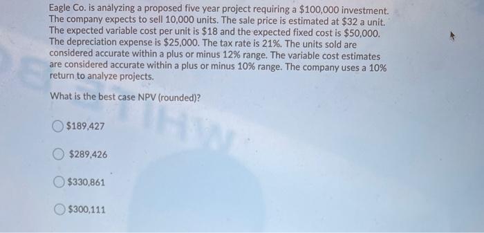  Eagle Co. is analyzing a proposed five year project requiring a
