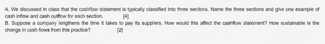  A. We discussed in class that the cashflow statement is typically