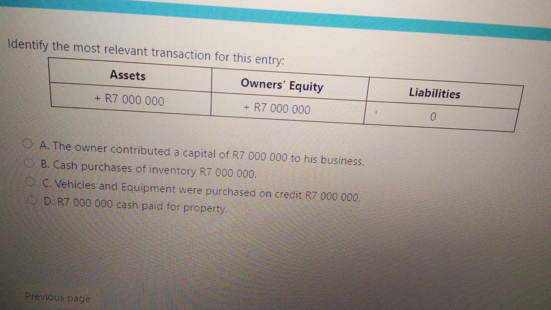 Identify the most relevant transaction for this entry. A. The owner